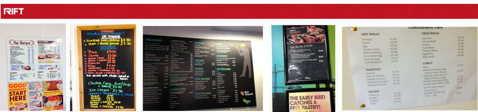 Examples of menu boards for tax refund claims.